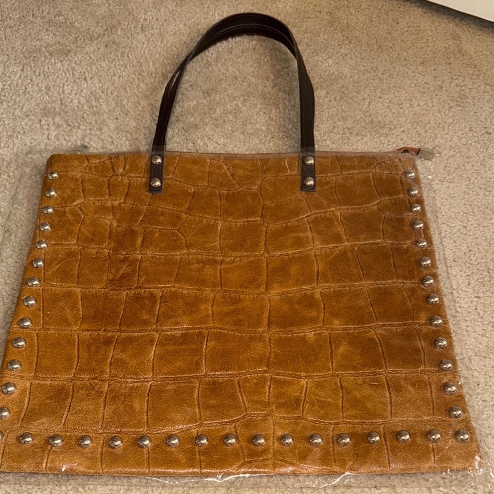 PERSAMAN Brown Croc-Embossed Tote with Stud Accents